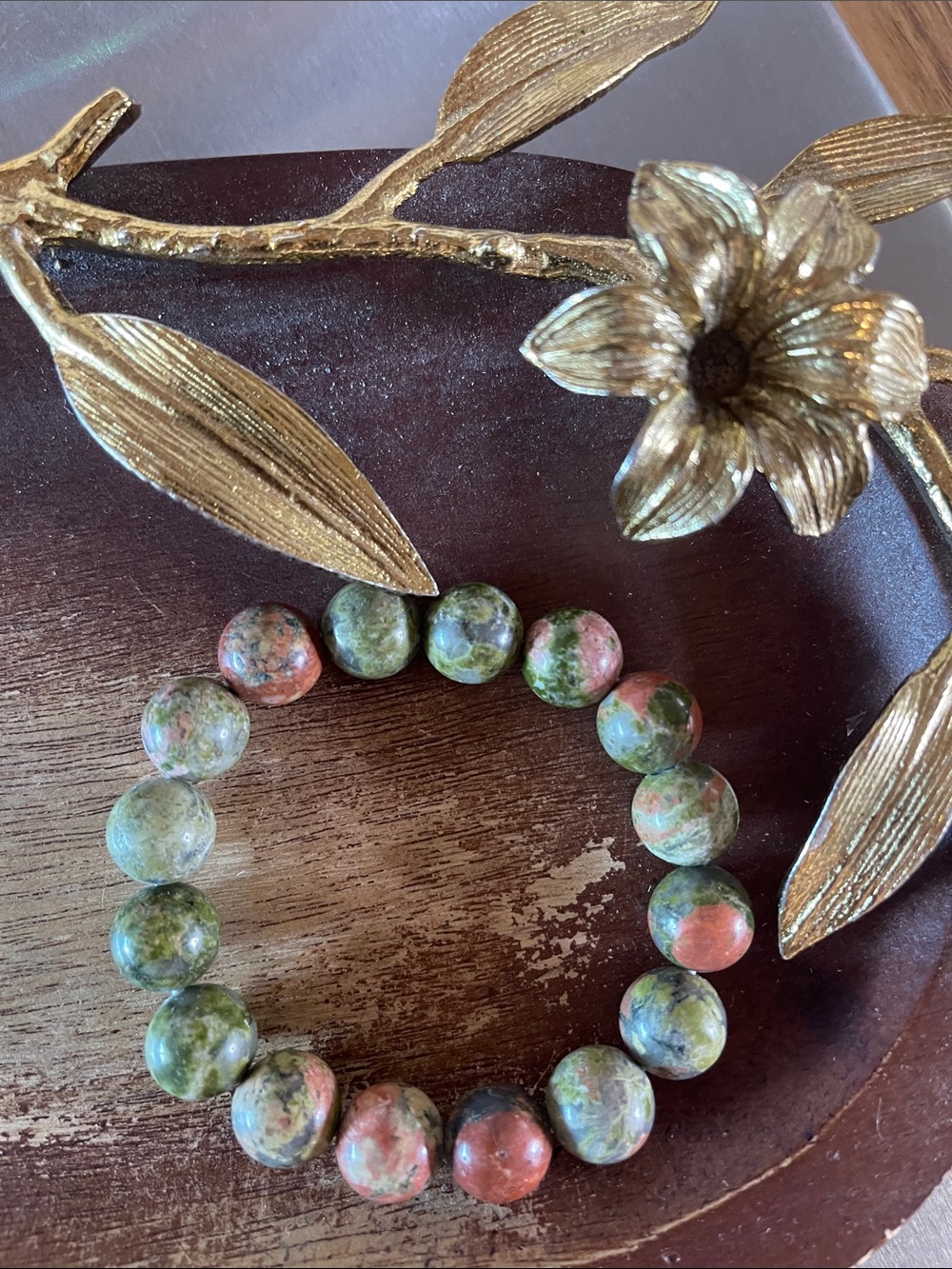 Natural Unakite Beaded Stretch Bracelet - Green & Pink (12MM)